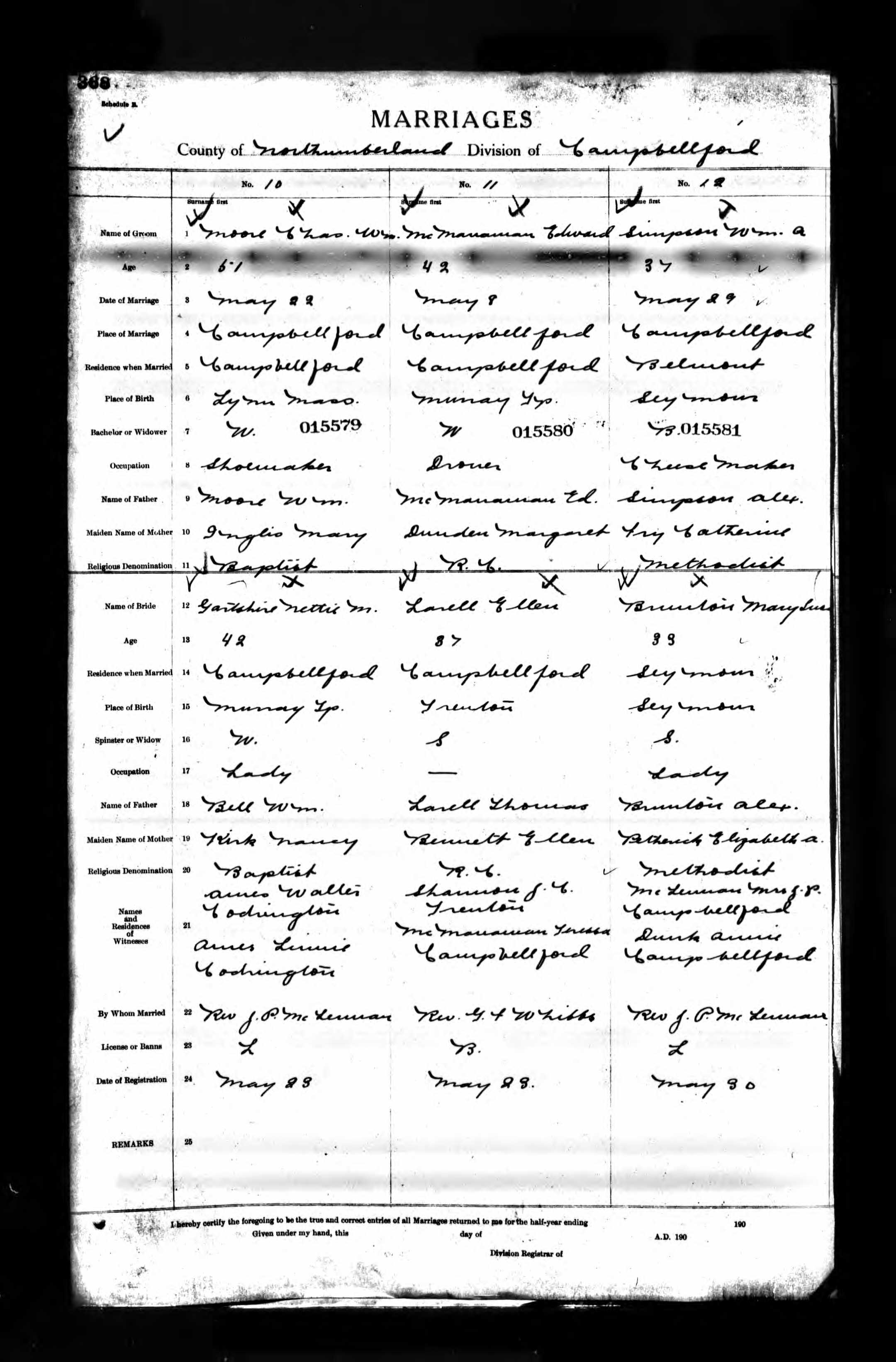 1907 Marriage McManaman Lavell