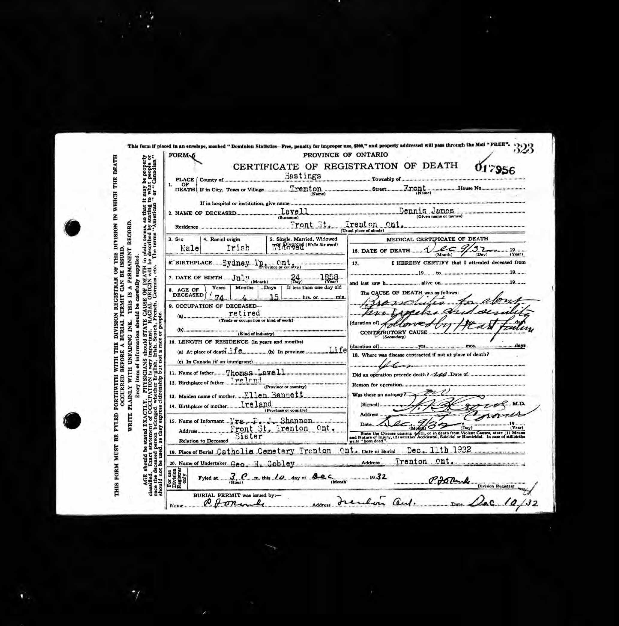 1932 Death Dennis James Lavell