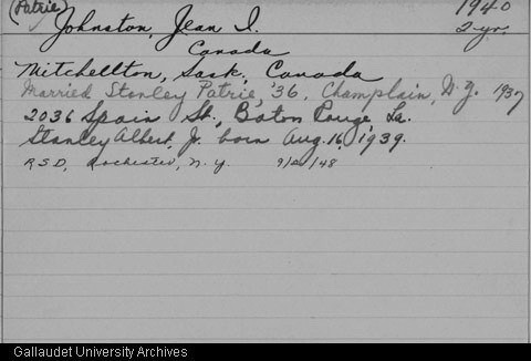 Jean Johnston Ex 1940 Gallaudet File Card