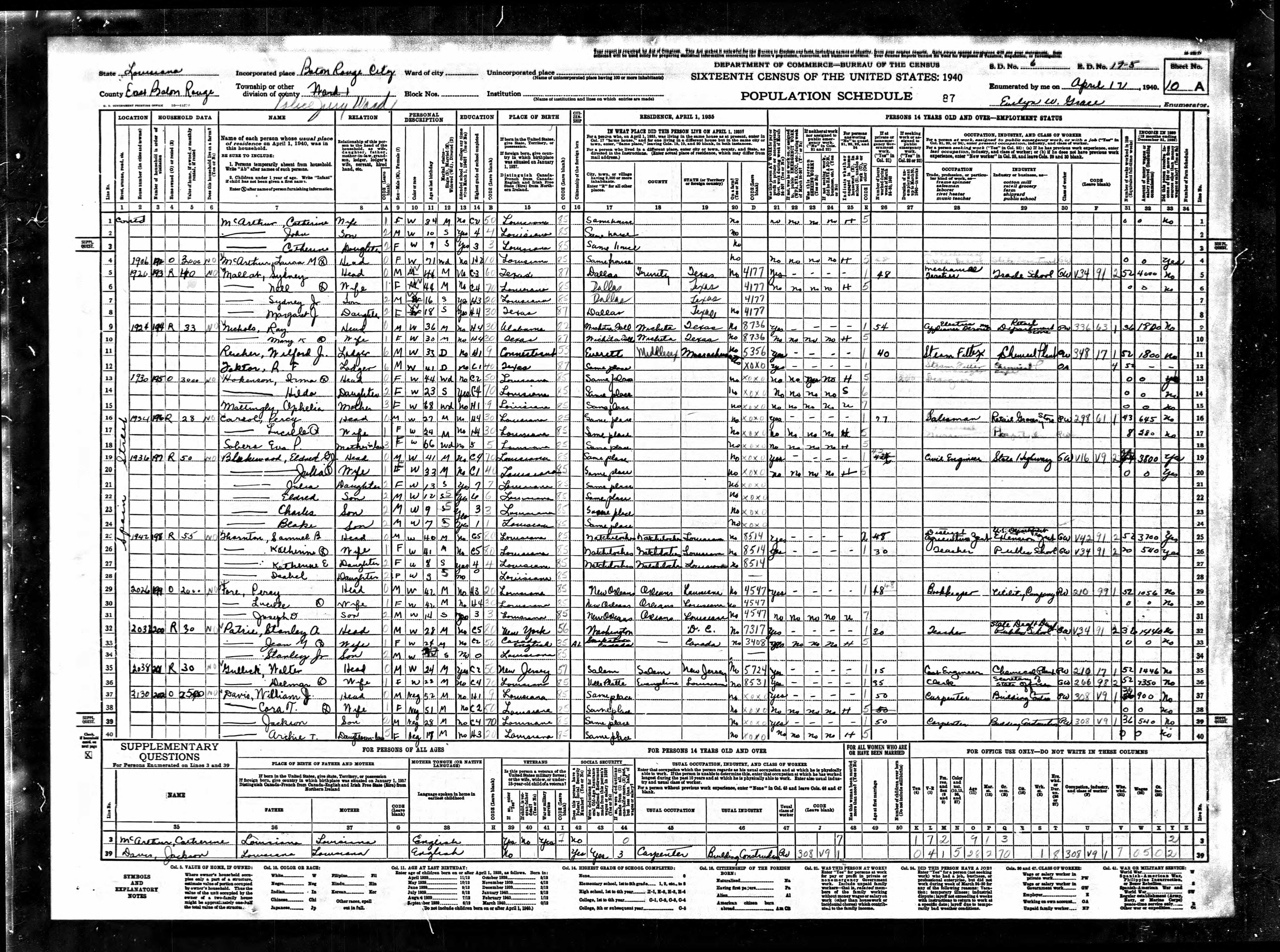1940 US Census Stanley A Patrie