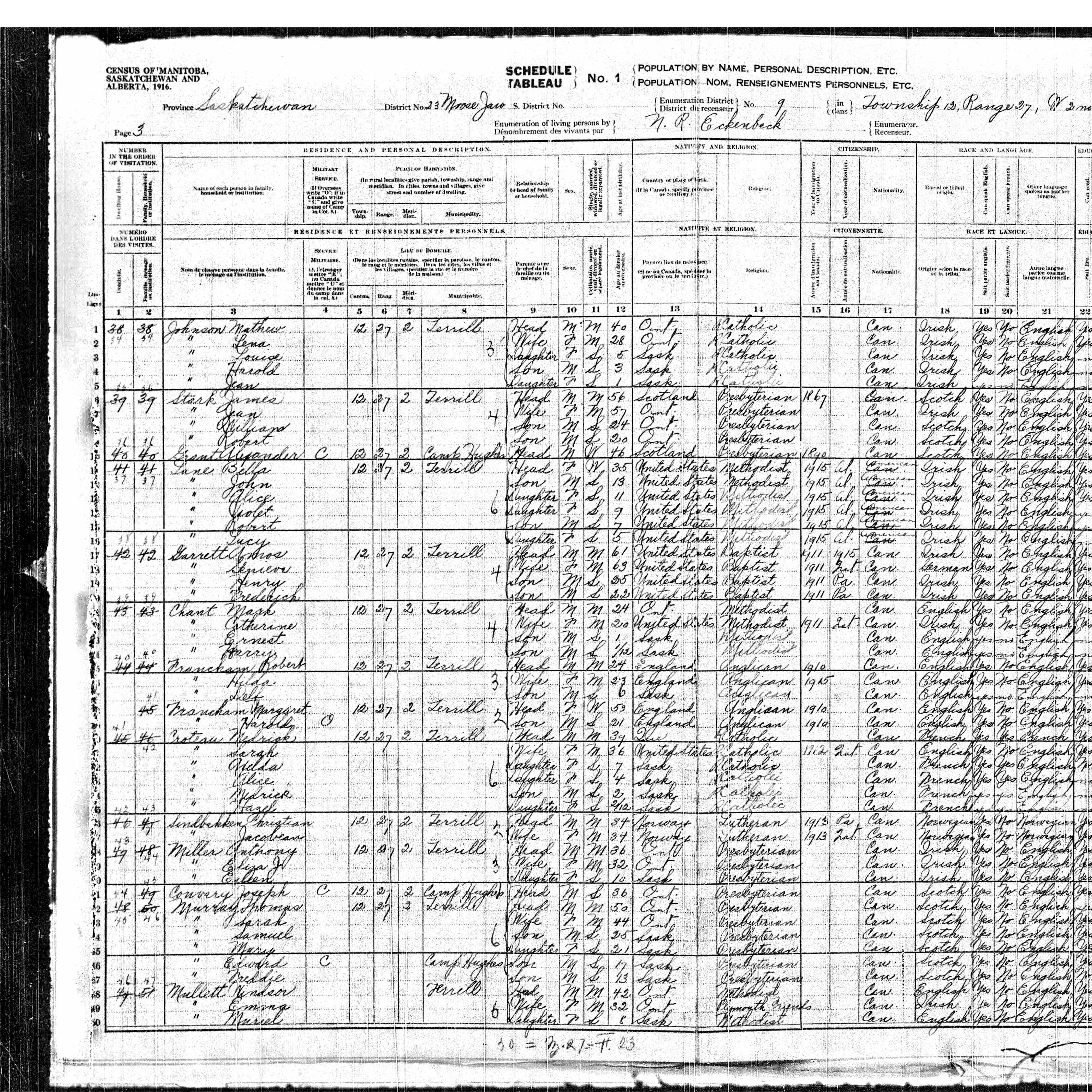 1916 Canada Census Matthew Johnston