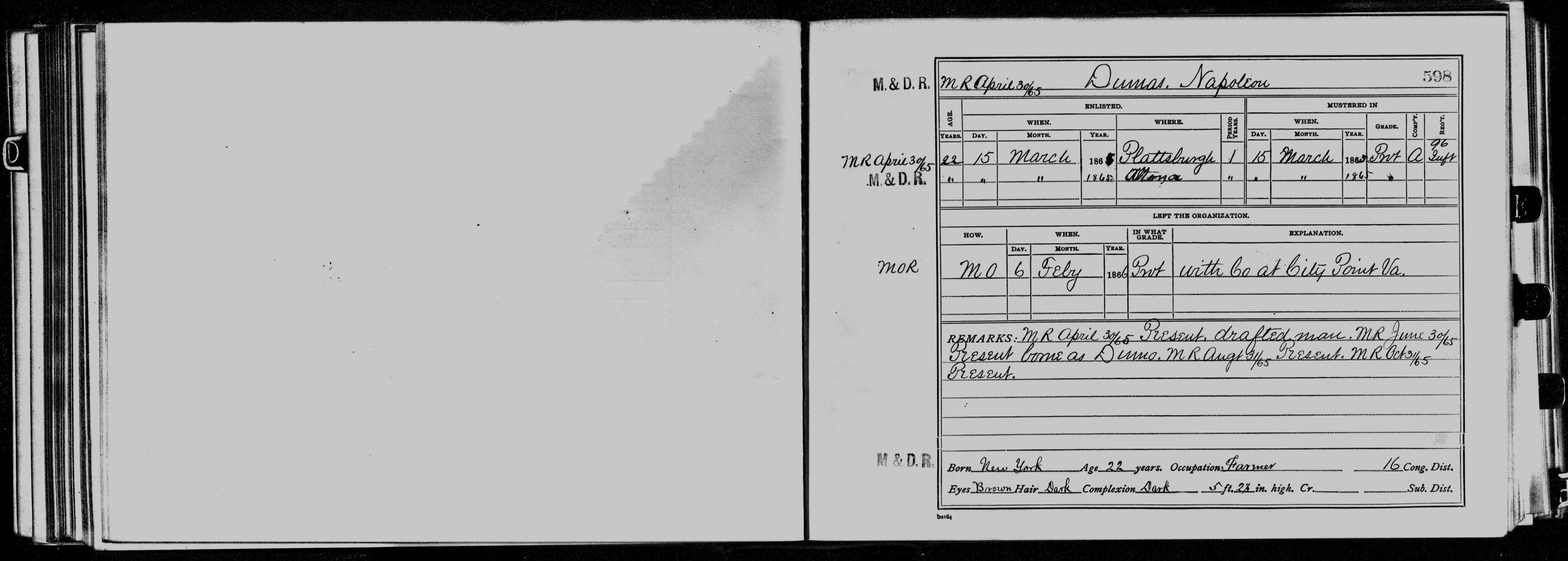 1865 1866 Civil War Muster Napoleon Dumas