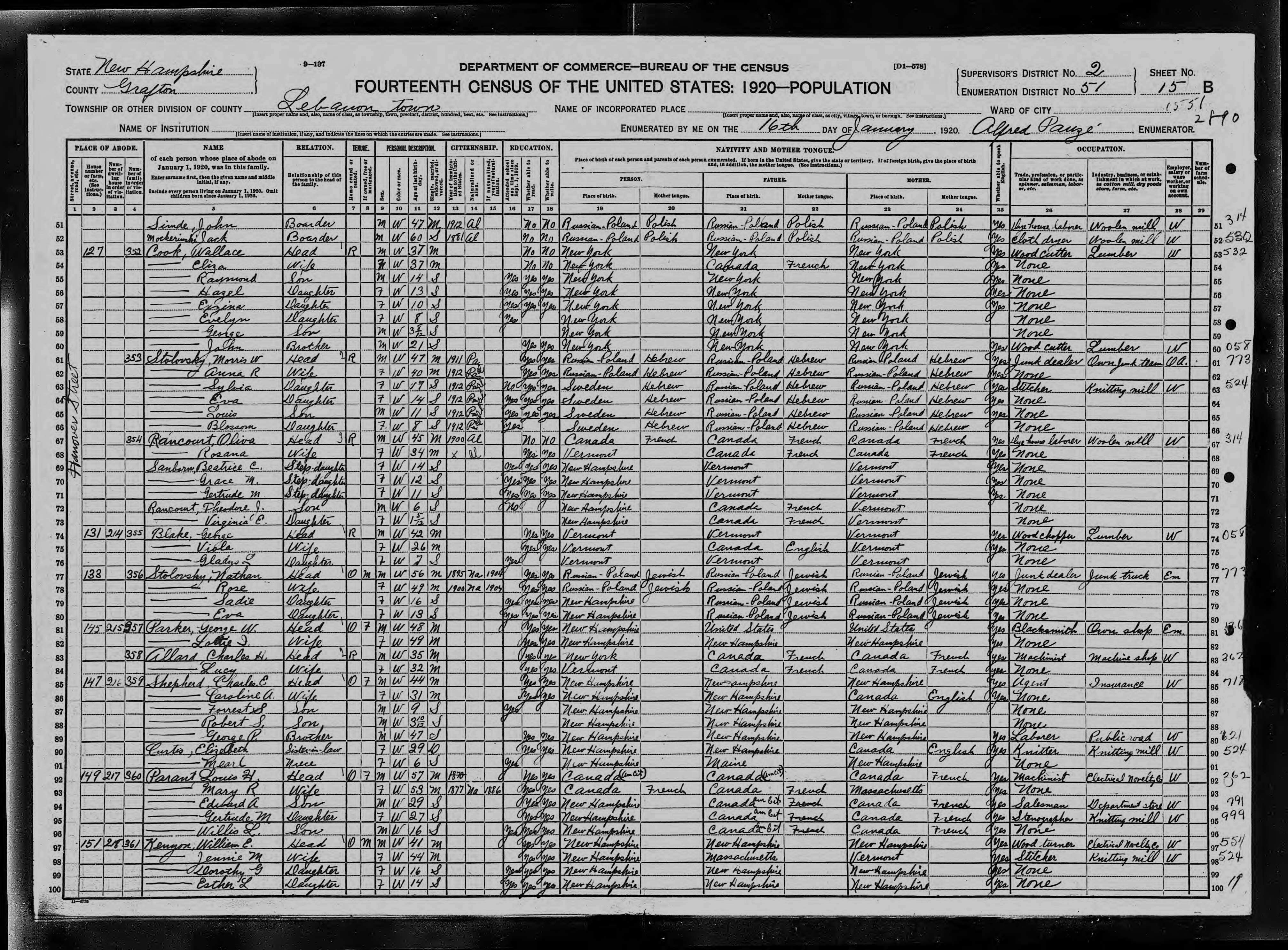 1920 US Census Wallace Cook
