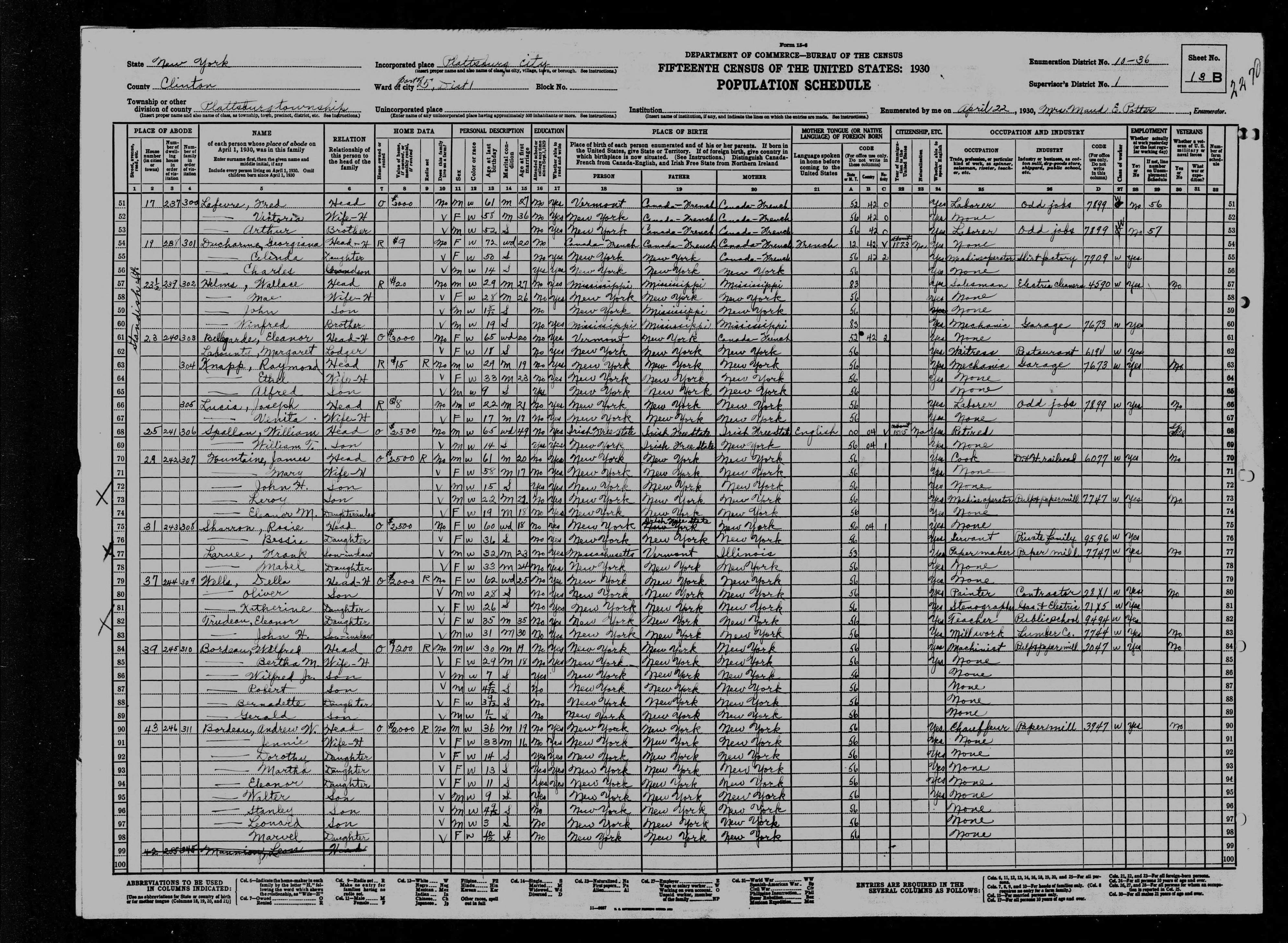 1930 US Census Wilfred Bordeau