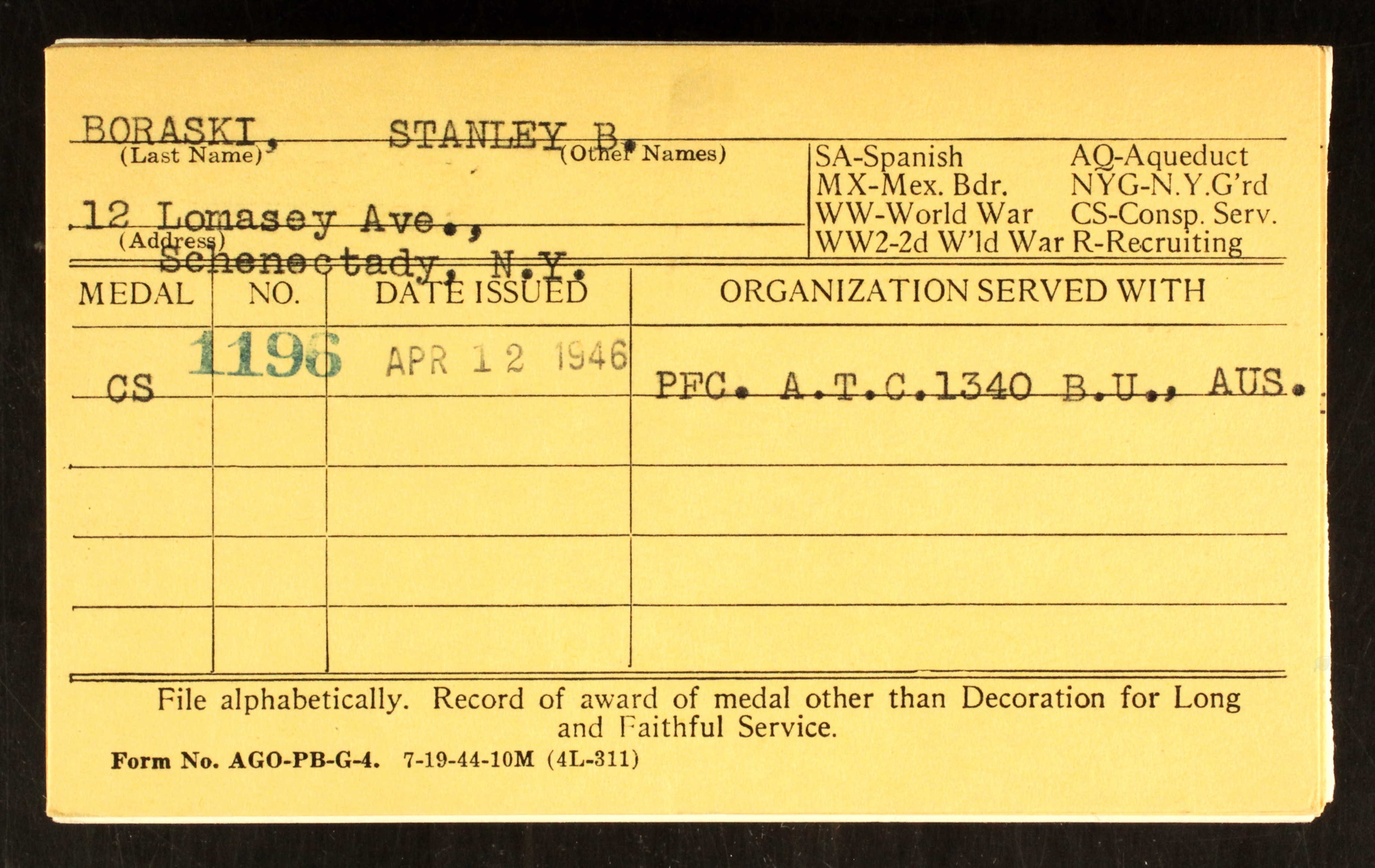 1946 Military Medal Stanley B Boraski