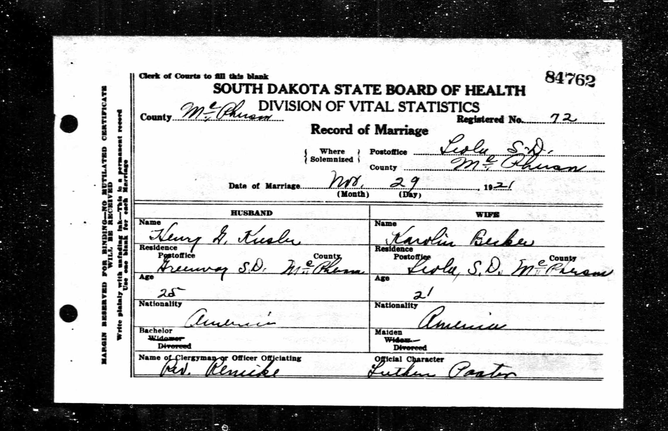 1921 Marriage Kusler Becker
