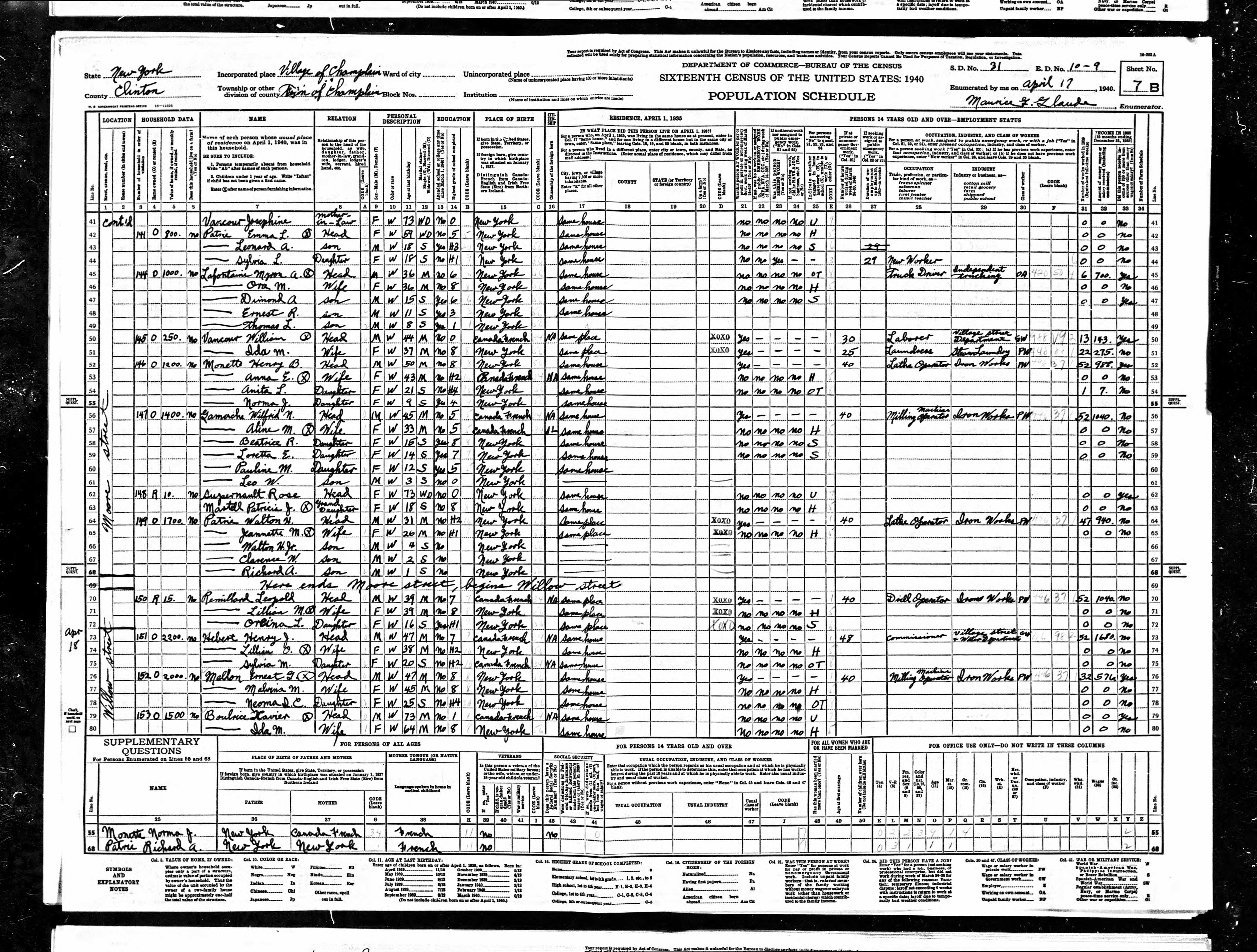 1940 US Census Walton H Patrie