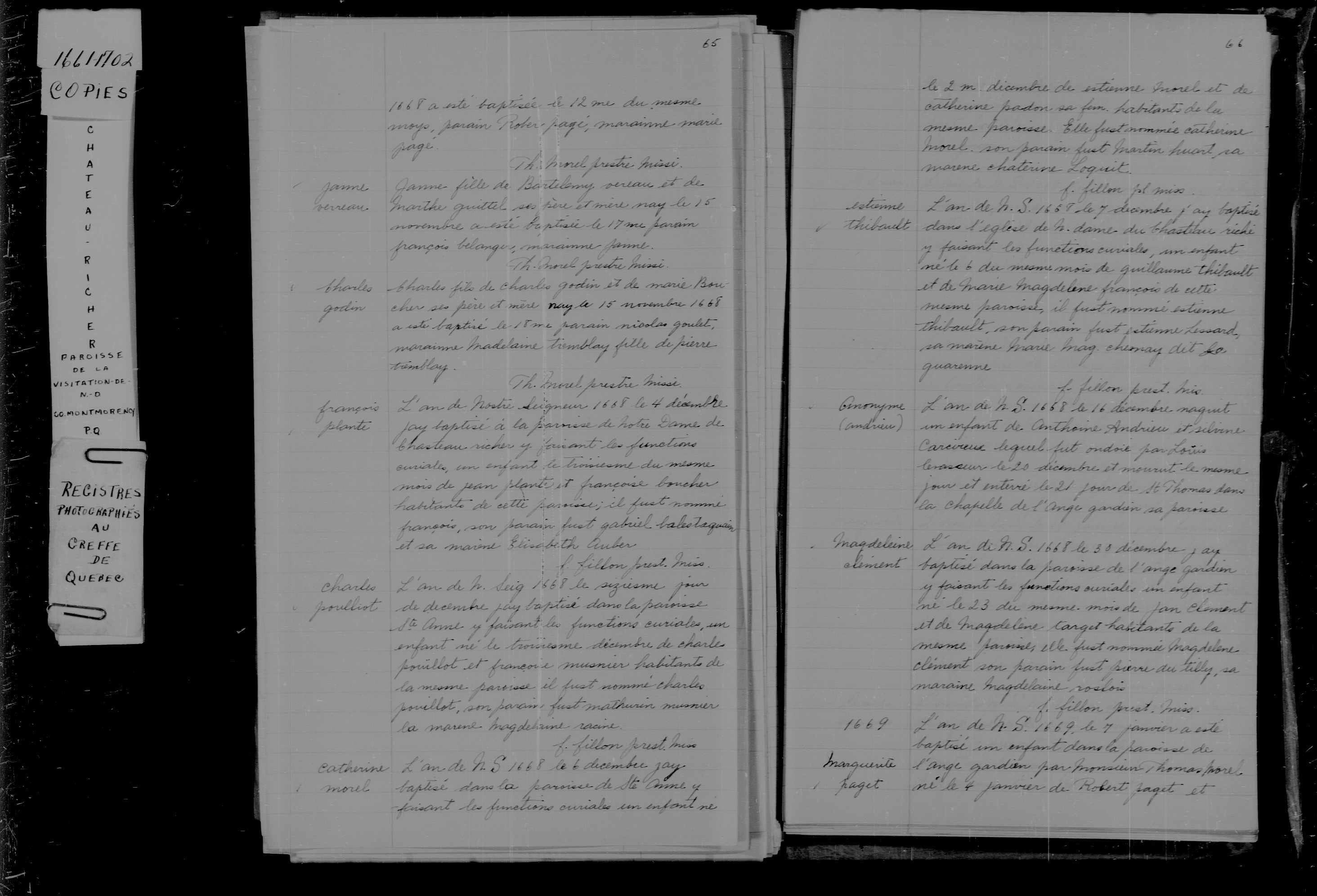 1668 Baptism Charles Pouliot dit Laclergevie