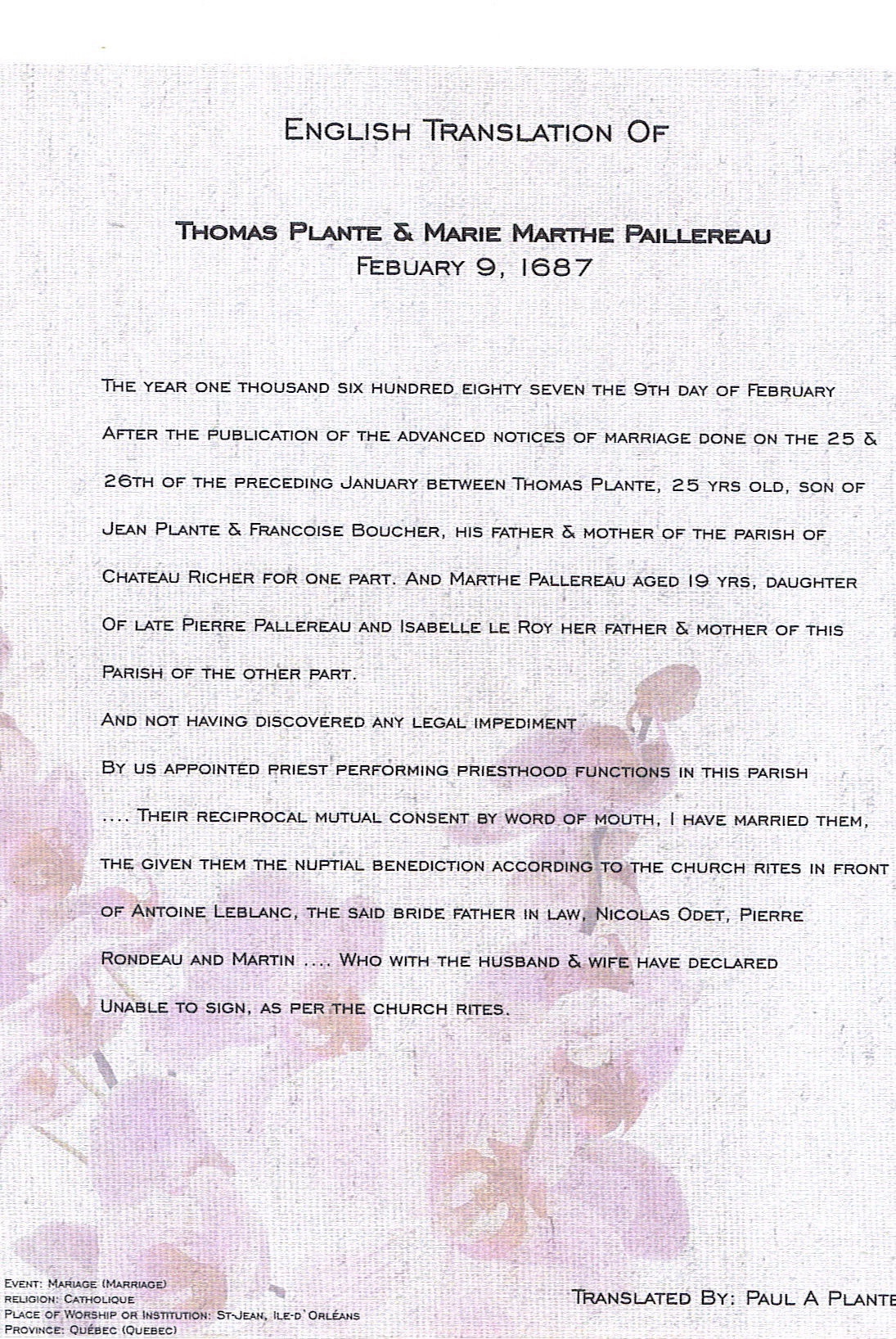 1687 Marriage Plante Pallereau - translation