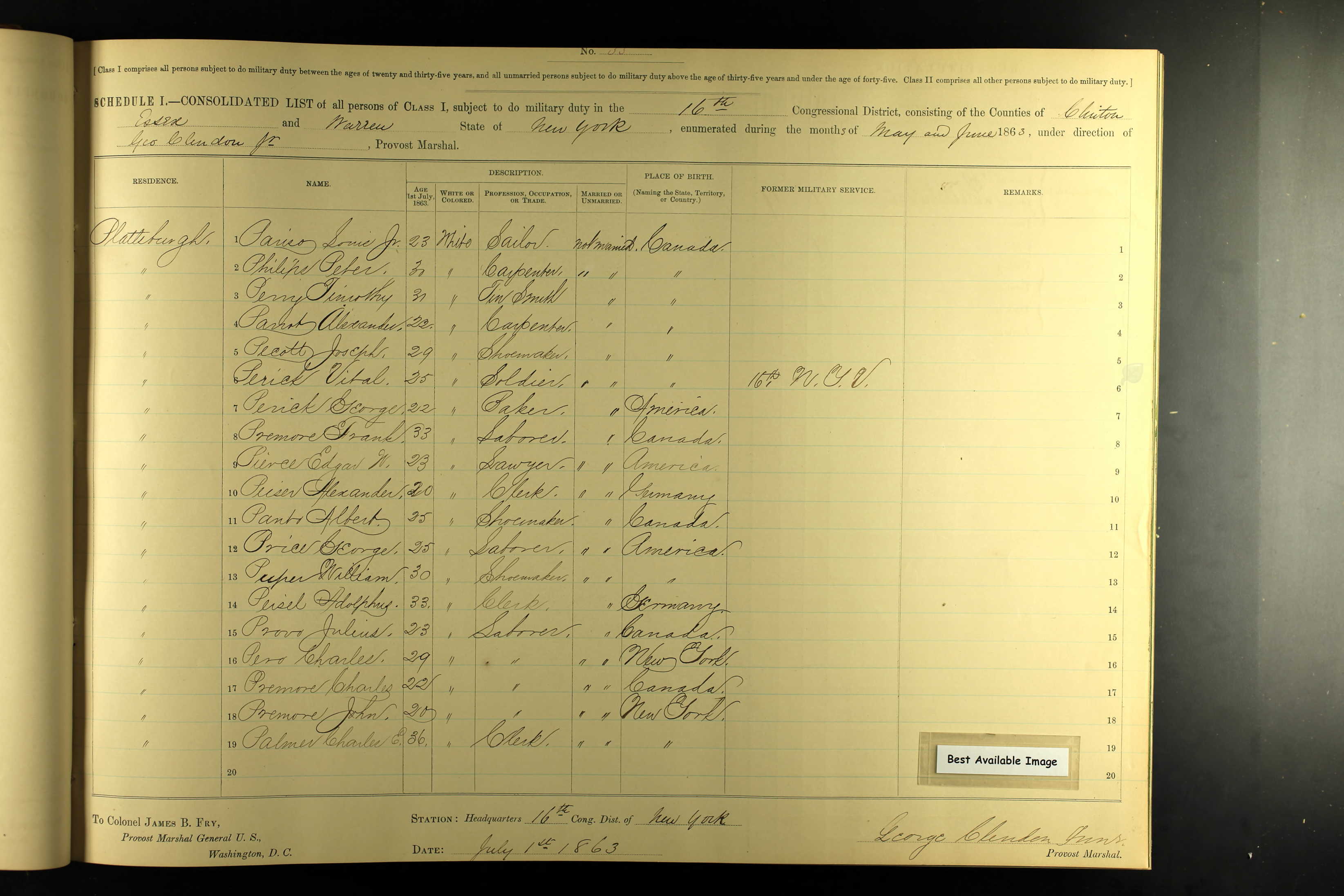 1863 Civil War Draft Joseph Pecott