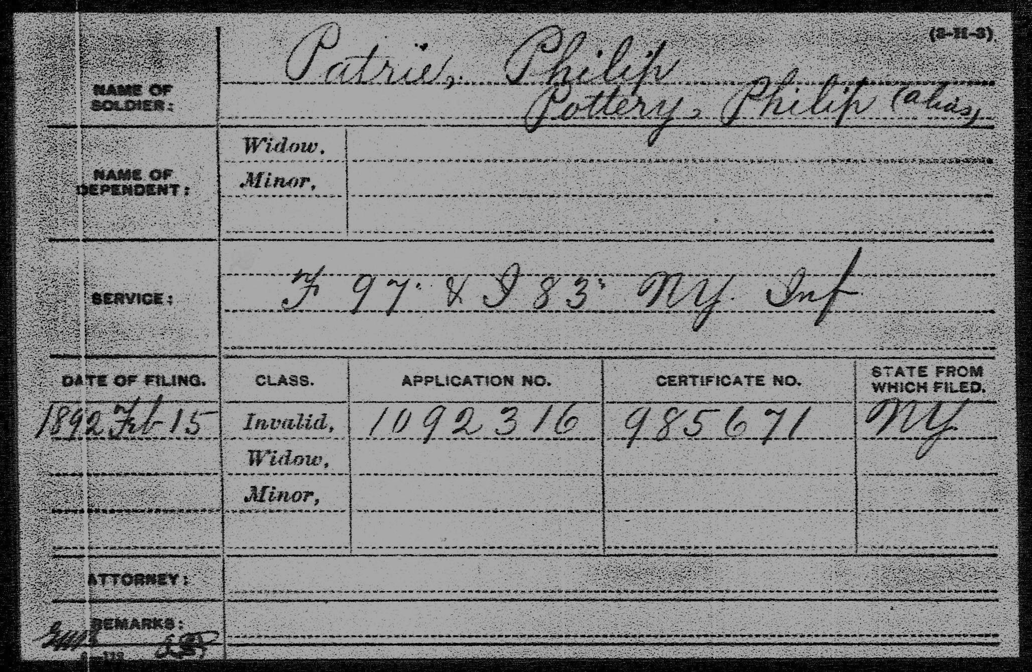 Civil War Pension Philip Patrie