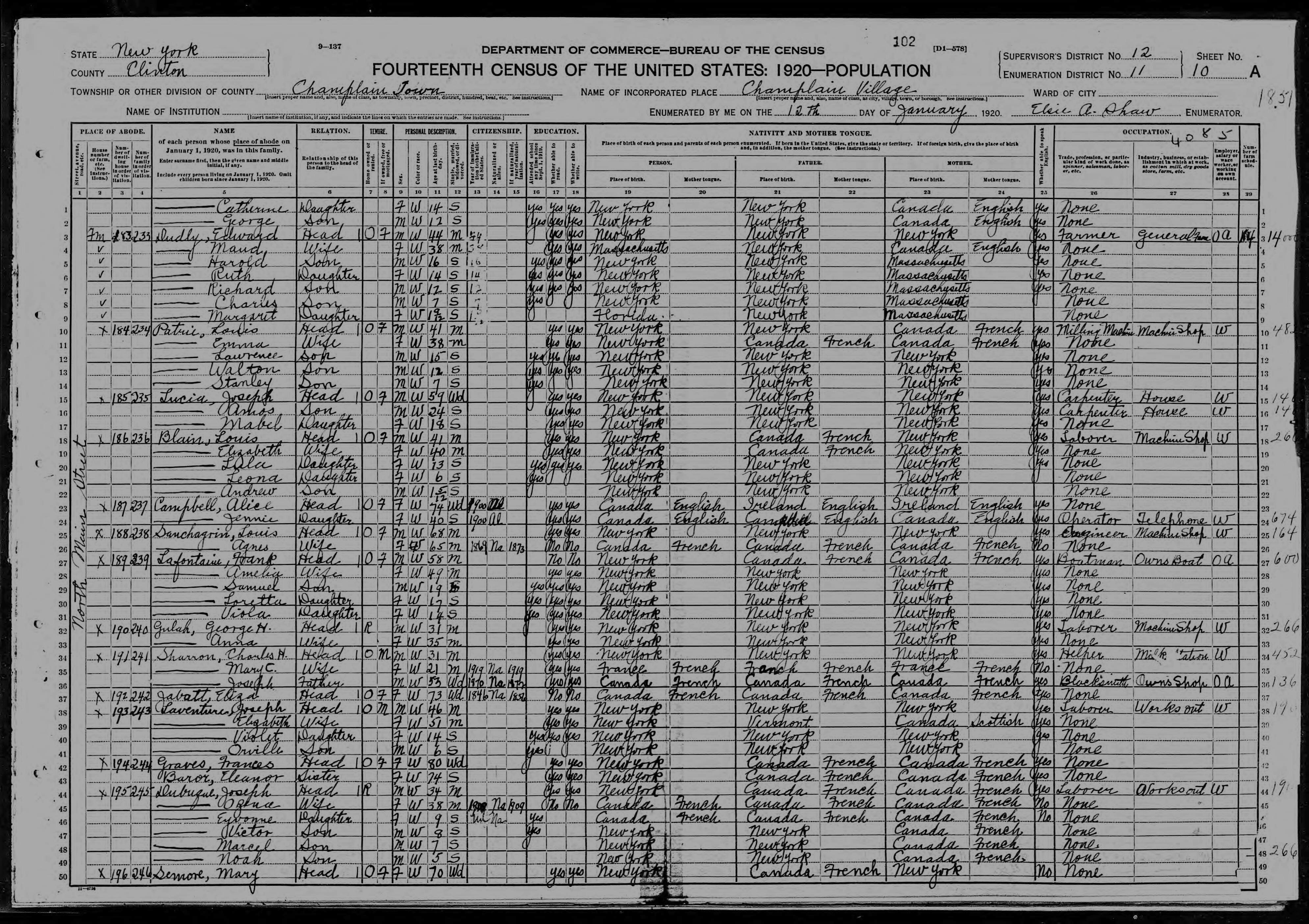 1920 US Census Louis Patrie