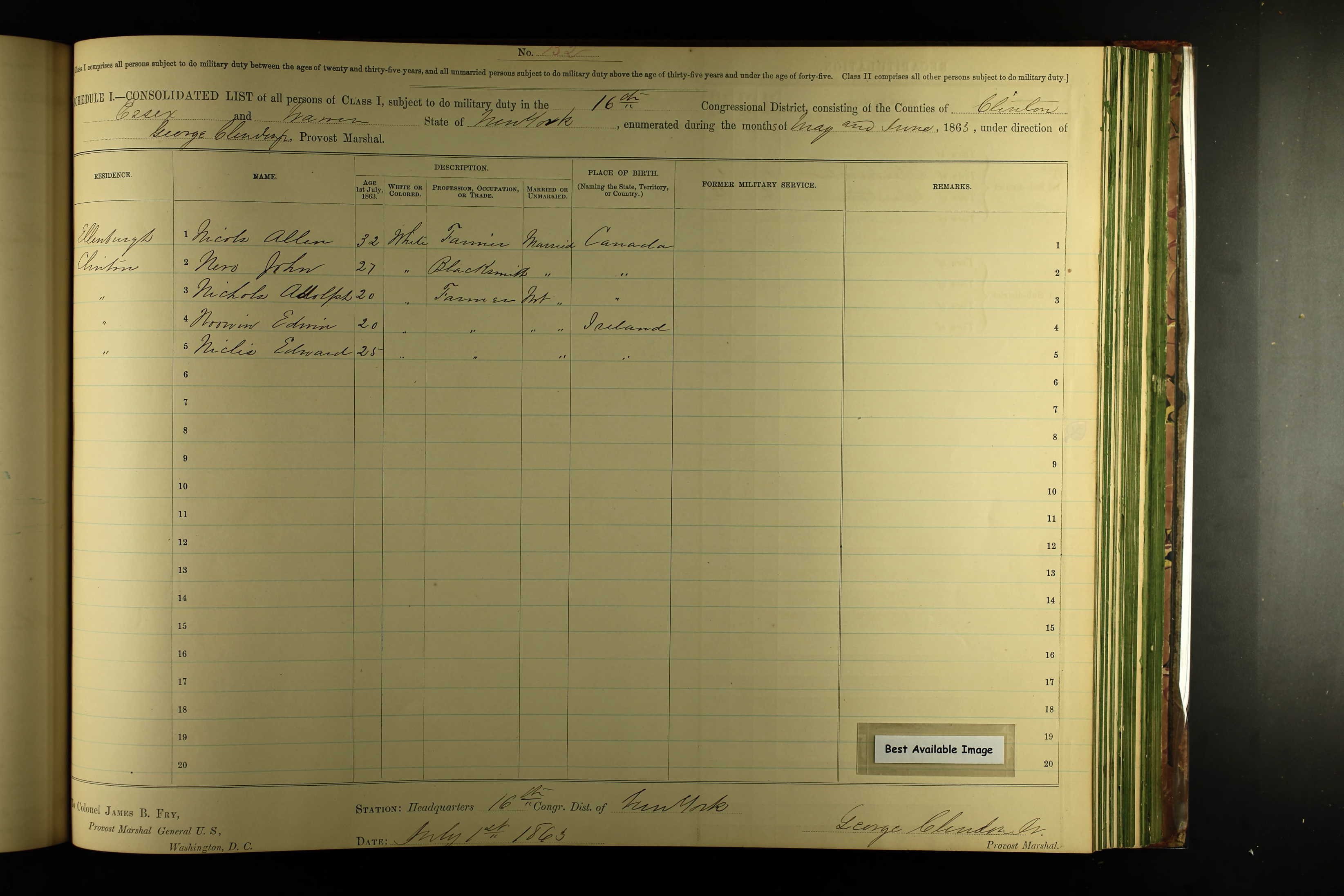 1863 Civil War Draft Adolph Nichols