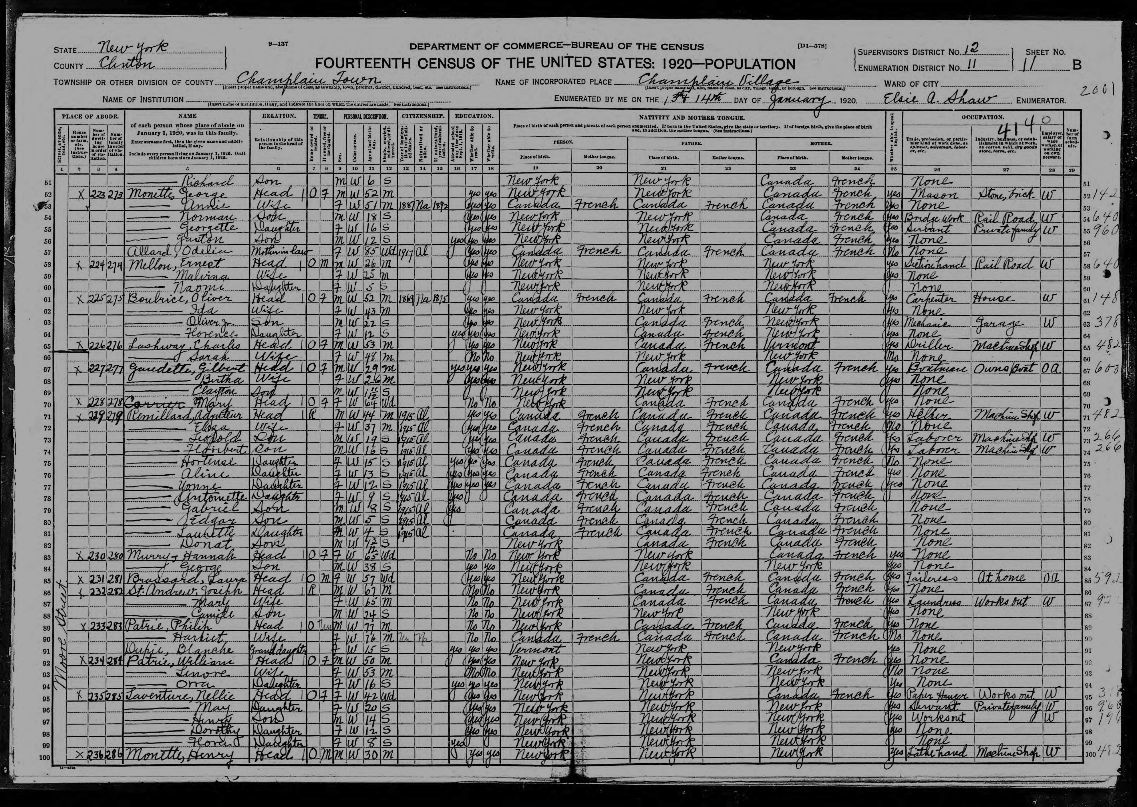 1920 US Census Philippe Patrie